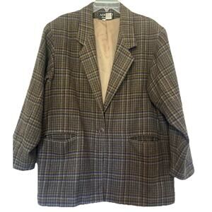 VTG Adolfo International Womens Sz Large Oversized Blazer Green Plaid Wool Blend